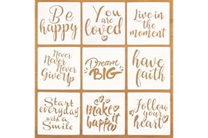 O-KINEE Stencil Lspiratori Di Parole Templates,9 Pezzi Stencil Pittura Riutilizzabili Scritte,Modello di Pittura Plastica Stencil per DIY Scrapbook,Pavimenti, Finestre, Mobili, Legno,20x20CM