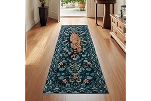 ‎TUKDAK TUKDAK Tiger Rug Runner for Hallway 60 x 180 cm, Green Washable Kitchen Rug with Non-Slip Rubber Back, Soft Short Pile Bedroom Faxu Wool Rug, Vintage Long Mat for Entrance, Office, Bathroom