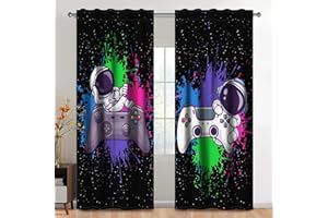 Kzzfqxb Tende per Bambini 107x160cm 2 Pannelli, Nere con Astronauti Colorati su Gamepad e Joystick, Decorazioni a Cartone Animato per Cameretta dei Bambini, Soggiorno e Asilo Nido
