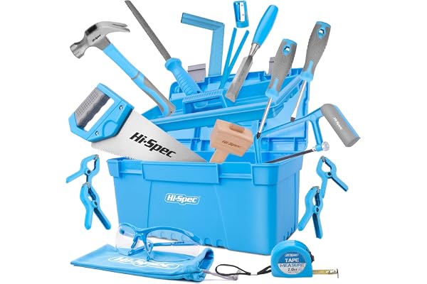 Hi-Spec - Kit de Menuiserie Débutant 25 Pièces avec Boîte à Outils, Ciseau en Bois 3/4inch, Scie à Main - Outils pour Jeunes Charpentiers et Sculpture sur Bois