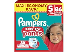 Pampers Baby-Dry Pants Taille 5, 86 Couches-Culottes, 11kg-17kg, Maintien 360° Pour Aider À Éviter Les Bâillements et Les Fuites