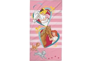 ‎TEX IDEA Tex Idea Bibi und Tina Strandtuch 75x150 cm mit Pferde, Herzen und Kätzchen • Großes Badetuch für Mädchen Handtuch aus 100% Baumwolle, Velours, Rosa,