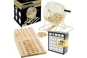 Kyto Grand Jeu de Bingo doré en métal avec 150 jetons, 75 balles de Bingo et Plateau de Jeu en Bois, 18 Cartes de Bingo Stables + 500 Cartes de Bingo en Papier pour Adultes et Enfants