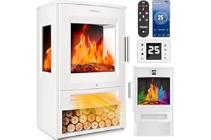 TRESKO® Elektrokamin mit Heizung inkl. Fernbedienung & WiFi App | Kamin elektrisch 1800W LED-Flammeneffekt Farbmodi | Kaminfeuer Thermostat, Timer | Elektro Kaminofen Standkamin 2 Heizstufen (Weiß)