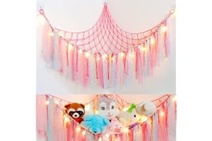 Weldomcor Stuffed Animals Storage with Fairy Lights Toy Hammock Hanging Stuffed Animal Storage Organizer Holder with Lace Tassels for Nursery Play Room, Kids Bedroom (Pink)