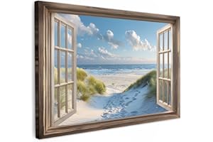 MuchoWow© Leinwand Groß 120x80 cm XXL Deko Schlafzimmer Aesthetic Leinwandbilder Wohnzimmer Gemälde Foto Geschenk Living Room Decoration Doorkijk - Strand - Raam - Duinen - Zee