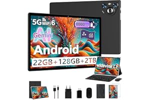 Dghrti Tablet 10 Pulgadas Android, 22GB RAM+128GB ROM (1TB TF), CPU 8-Core, 8000mAh, Widevine L1, Dual WiFi, BT 5.0, Face ID, 5MP+8MP, con Carcasa MetÃlica, Teclado y Ratón (Negro)