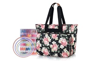Yarwo Tote Bag for Embroidery Kits, Embroidery Starter Kits Organiser with Multiple Pockets, Embroidery Storage Bag for Embroidery Hoops, Embroidery Floss or Other Supplies, Peony Black (Bag Only)