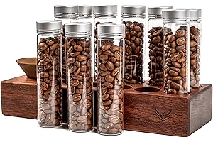 KNODOS Jednorazowe rurki do przechowywania ziaren kawy, dozownik ziaren kawy, 10 szt. uszczelnione szklane probówki z pokrywkami (57 g) drewniany stojak ekspozycyjny i lejek akcesoria do espresso do