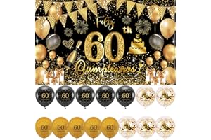 JENICH (1+15) Decoración para Cumpleaños 60 Escrita en Español 1 Pancarta Feliz Cumpleños 60 Decoración 60 Años Negro Oro Happy Bithday Fondo Cartel con15 Globos para Cumpleaños Adornos Kit para Cumpleaños …