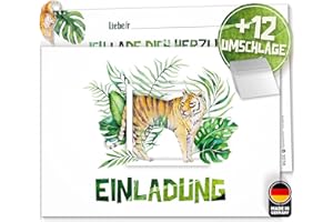 ‎OLGS Olgs 12x EINLADUNGSKARTEN zum Kindergeburtstag Tiger | Perfekte Einladung zum Kindergeburtstag oder Kinder Party | Geburtstag-Einladungen zum ausfüllen | Partyeinladungen, grün, Dschungel