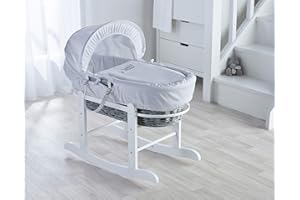 Kinder Valley Sleepy Little Owl Grey Wicker Moses Basket with White Rocking Stand, Adjustable Hood, Fibre Mattress & Padded Liner