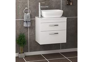 ROYAL BATHROOMS.CO.UK Royal Bathrooms 600mm Gloss White 2-Drawer Wall Hung Countertop Vanity Unit & 455mm Soft Square Basin