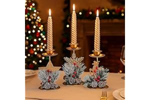 CAUTIOUS 3 Piezas Candelabros Navideños de Metal, Candelabros Portavelas de Navidad Baya Decorativa y Conos de Pino, Porta Velas para Decoración de Chimenea para Navidad, Centro de Mesa