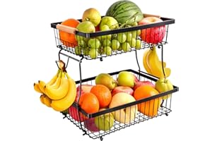 FoiiLiio Frutero 2 Pisos Negro Cesta de Frutas de 2 Niveles Cesta de Frutas de Metal Diseño Desmontable, Fruteros Estante de Almacenamiento para Pan Verduras Bocadillos