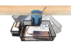 DESKORGA Organizer da scrivania con rotazione 360 cassetto sotto scrivania con porta telefono e bicchiere (340 x 250 x 70 mm)