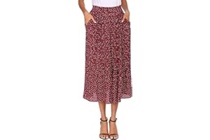 Parabler Damen Chiffon Midirock Elegante Blumen Polka Dot Lang Rock Elastische Taille Sommerrock Plisseerock Strandrock mit Taschen