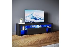 SONNI Mueble TV Negro con Luz LED Ajustable de 12 Colores con Mando a Distancia, Mesa TV Sálon Madera con Estantes Cristal 160 CM