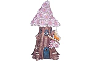 FHFY GARDEN Solar Powered Illuminated Fairy House 22 CMS TALL/Dwelling Garden Ornament in a Tree Trunk with Pink Flowers and Butterfly …