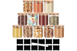 JUVEL 12pcs Tarros de Vidrio de Almacenamiento Botes de Cristal con Tapa de Bambú&Anillo de Silicona Hermético Transparente Cocina Recipientes para Alimentos para Almacenaje y Conservar Alimentos