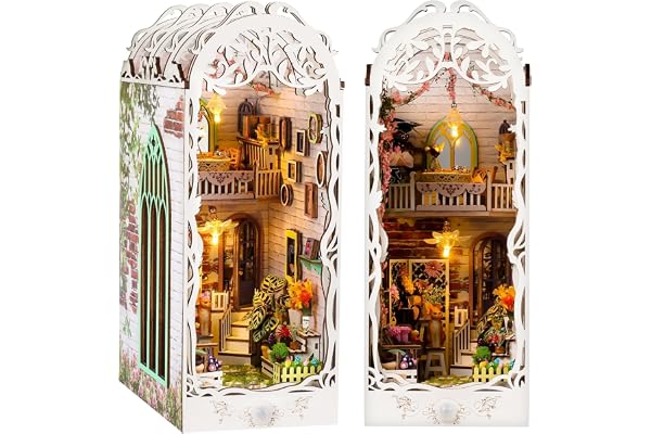 Book Nook Kit, DIY Maison de Poupée Miniature Kit de Maison avec Meubles en Bois et Lumière LED Monde Magique Jardin Salle de Fleurs