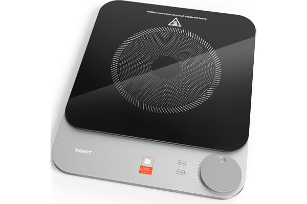 TOKIT Plaque de Cuisson Induction Portable 16mm Ultra-mince - Plaque de Cuisson Electrique 9 Niveaux de Chaleur 2100W, NFC Recette en Ligne, Détection Automatique Casserole Surface Cristal (Gris)