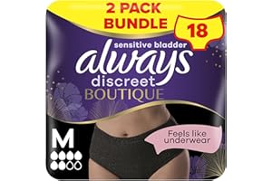 Always Discreet Boutique Incontinence Pants Women, Medium Size, Black, 18 High Absorbency Plus Pants (9 x 2 Packs), Odour Neutraliser, Softness and Protection, For Sensitive Bladder