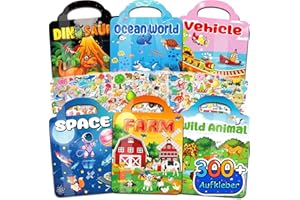 Kalyskys 6 Stück Wiederverwendbare Stickerbuch ab 2 3 4 jahre, 3D Sticker Kinder, Immer Wieder Aufkleber Stickerbücher für 2 jahre Jungen, Mädchen Geschenk Spielzeug Geburtstag Party