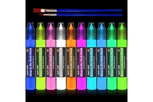HOMY ARTY Glow in The Dark Paint, 10×30ml 3D waterproof textile paint, Glow Paint Set, fluorescent color DIY fabric paints glue stick for children's pebbles painting, canvas, textile, stone, painting