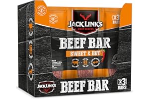 ‎JACK LINK'S Jack Link's Beef Bar Sweet & Hot – glutenfrei – 10er Pack (10 x 3 x 22,5 g) – proteinreicher Rindfleischriegel – getrocknetes high–protein Rindfleisch