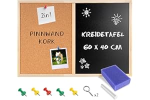 ‎CREATIVE HOME Creative Home 60 x 40 cm Pinnwand Kork & Kreidetafel Kombitafel | Schwarz mit 5 Stiften, Kreide und Schwamm | Perfekt für Küche Korkwand Wandtafel Blackboard Pinwand Memoboard Visionboard