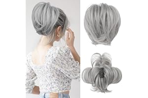REECHO Messy Bun Hair Piece, Claw Clip Hair Bun Short Ponytail Extension with Bendable Metal Wire Fake Bun Hair Pieces for Women - Silver Grey