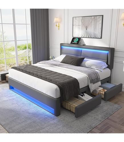 Multifunctioneel Bed met Opbergruimte, 140 x 200 cm, met 4 Laden en Grote Opbergkast, Tweepersoonsbed van Massief Hout met Lattenbodem, Grijs