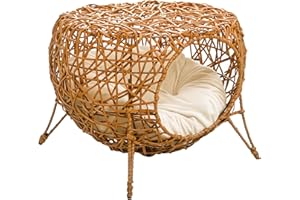 PawHut Panier Niche Maison pour Chat sur Pied en rotin avec Coussin épais dim. Ø 40 x 32 cm Marron Clair