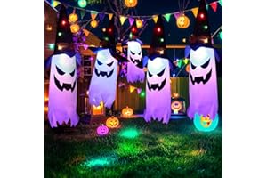 MZJAUVF Decorazione per Halloween, 5Pezzi Fantasmi Appesi con Cappello da Strega, Halloween Decorazioni Fantasma, Halloween Decorazioni Fantasma da Appendere con Luci LED per Feste, Giardino, Cortile