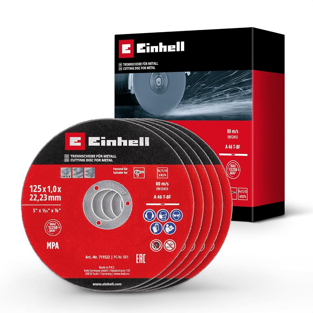 Einhell 5 Parça İnce Metal Kesme Diski, Ø 125 x 1 mm 49711522 | düşük çapaklı kesim | uzun kullanım ömrü | MPA sertifikalı | düz tip | avuç taşlama makineleri için