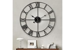 Maxstar Modern Roman Numerals Large Wall Clocks,Silent Non Ticking,Round,Metal,Vintage Wall Clock for Living Room,Kitchen,Bedrooms,Garden Decor-Black 47cm