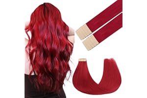 GOO GOO Extensiones Adhesivas Pelo Natural, 55cm 10pcs 30g, Rojo Extensiones de Cabello de Colores, Extensiones de Pelo con Cintas Invisibles Humano Auténtico Remy