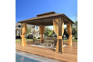 EROMMY 3 x 3.6m Hardtop Gazebo, Galvanized Steel Double Roof Metal Garden Gazebo with Curtain and Netting, Permanent Outdoor Pavilion with Ventilated Top and Aluminum Frame for Patio, Lawn and Garden