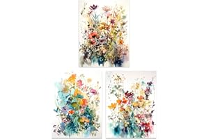 Artery8 Zestaw 3 polnych kwiatów, kolorowe akwarele, kwiatowe dzieła sztuki, wiosenne pole kwiatowe, nieoprawione, sztuka ścienna, salon, plakat, wydruki, opakowanie