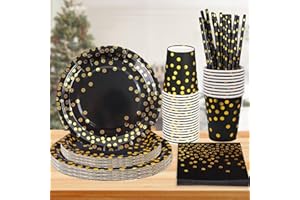 Wentsent Schwarz und Gold Partygeschirr 100Stück Golden Dot Partyteller Set Enthält Pappteller, Servietten, Trinkhalme, für Geburtstag, Abschlussfeier, New Year Party, Cocktailparty, Severs 20 Gäste