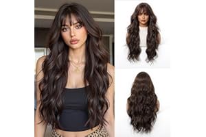 Esmee Long Wavy Brown Wigs for Women with Fringe Natural Synthetic Hair Wig for Daily & Party Use