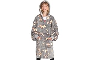 KANGURU Lavatelli Kangurone Manta Sudadera con Capucha, de Felpa, Oversize, Hoodie Glow, Bata con Capucha, 100% Microfibra, Gris, Talla Niños, 65x75cm. Batamanta, Manta Sofa, Sudadera Manta