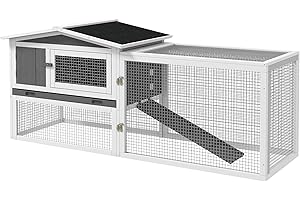 PawHut Rabbit Hutch with Run Wooden Guinea Pig Hutch Outdoor Bunny Cage Hide House with Sliding Tray, Hay Rack, Ramp, 156 x 58 x 68cm, Grey
