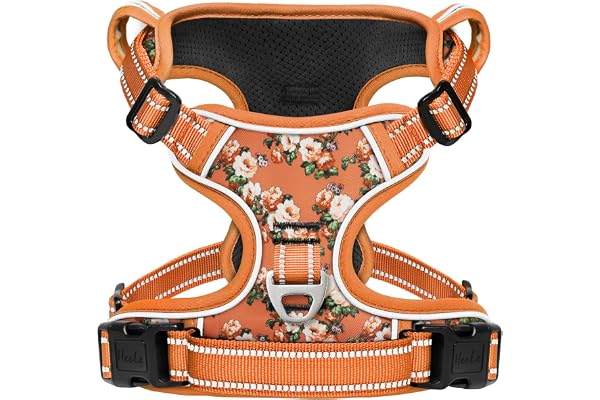 HEELE Harnais Chien, Harnais Chien Anti Traction, Réfléchissant, avec Poignée Rembourrée Contrôl, 2 Anneaux Métal, Harnais pour Petit Moyen et Grand Chien, Fleur-Orange, M