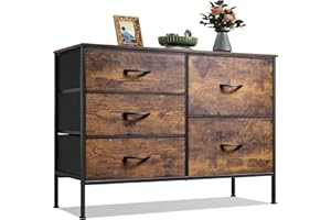 WLIVE Chest of Drawers, 5 Fabric Drawers Cabinet with Easy Pull Handle, Wood Top and Sturdy Steel Frame for Bedroom, Living Room, Kids Room, Rustic Brown