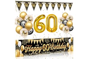 RAINLLON 60 Geburtstag Deko Mann Frau, 60 Happy Birthday Banner Schwarz Gold, Luftballons 60 Geburtstags Girlande Wimpel, Deko 60. Geburtstags Hintergrund Ballons Schwarz Gold für 60 Geburtstag Männer Frauen