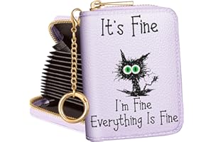 Hautebella Credit Card Holder for Women Cute Small Ladies Teen Girls Female RFID Leather Cardholder Wallets Keychain Accordion Organizer Purse Purple Cat Kawaii Girly Aesthetic Print Unique Zipper
