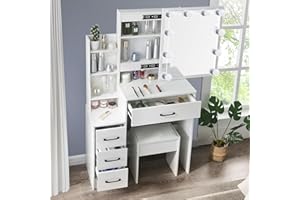 Saimeihome Dressing Table with Mirror and Stool, White Vanity Desk with Hollywood Mirror-3 Color and Brightness Adjustable, Makeup Vanity Table with 6 Drawers for Girls