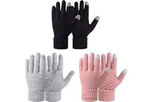 Fjquamitix 3 Pairs Women Thermal Touch Screen Gloves, Winter Warm Elastic Knitted Soft Fleece Lined Gloves for Indoor Outdoor